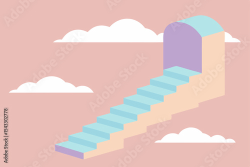 Vector illustration of a stairway to heaven amidst a summer sky with clouds, sun, and distant mountains