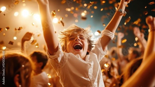 A young child with flowing hair joyfully celebrates in a lively atmosphere filled with confetti, embodying innocence, happiness, and the magic of childhood celebrations.