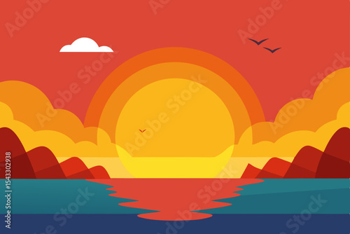 An orange summer sunset graces the sky over the sea, painting the mountain landscape with a beautiful red glow