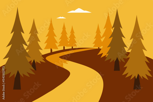 
An autumn road winds through a forest of trees, hinting at the coming winter's snow and holiday celebrations among the fir and pine