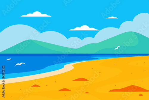 Tropical summer beach vector illustration with blue ocean waves and a clear sky horizon