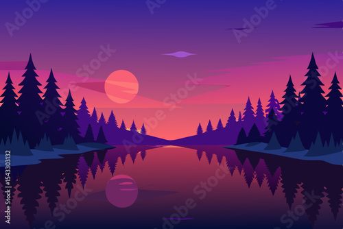 Beautiful summer sunset over mountain lakes and rivers, reflecting the colorful sky and clouds across the serene landscape