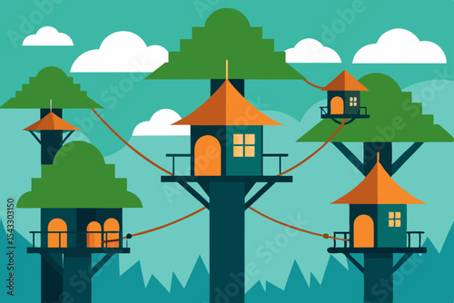 Cartoon vector illustration of a charming village or city landscape with houses, trees, and sky