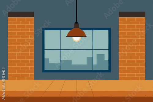 Orange wall lamp illuminating a modern room with a wooden door and large window