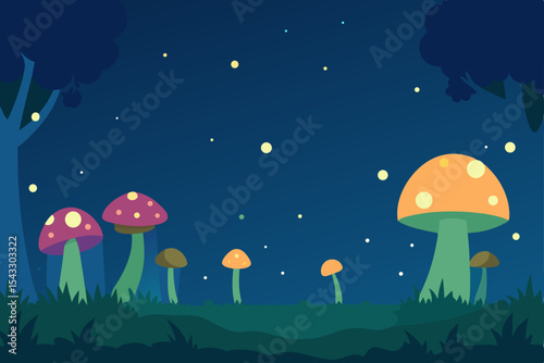 Vibrant cartoon mushrooms stand like tiny umbrellas in the grassy forest, illustrating a whimsical autumn nature scene