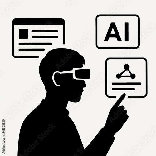 Silhouette of a Person Wearing VR Glasses Interacting with Artificial Intelligence and Data Showcasing Modern Technology and Futuristic Concepts in a Minimalist Design