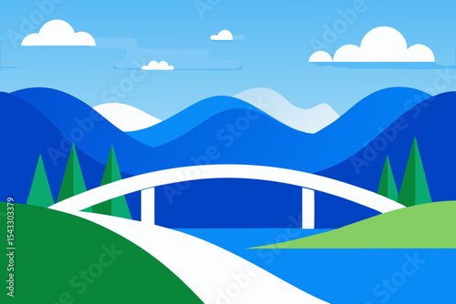 A vibrant cartoon landscape illustrates a bridge over a river, connecting green hills and meadows under a bright summer sky with fluffy clouds