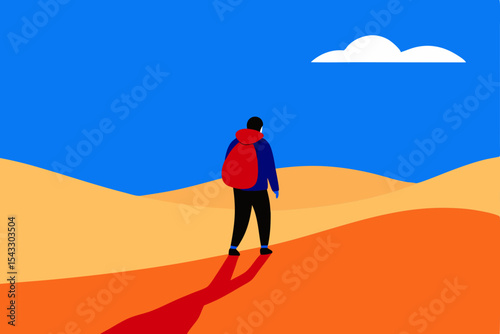 Man alone walking across the dry desert sand dunes under the summer sky