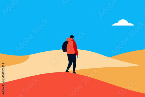 Man alone walking across the vast desert dunes under a hot sun