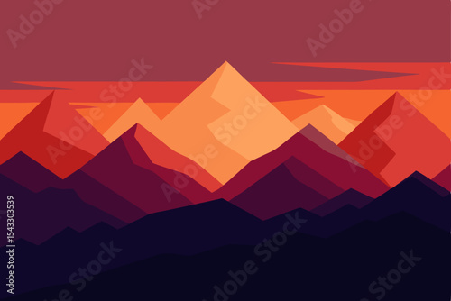 Vector illustration of a mountain landscape with a fiery sunset or sunrise sky, featuring silhouettes of peaks and mist