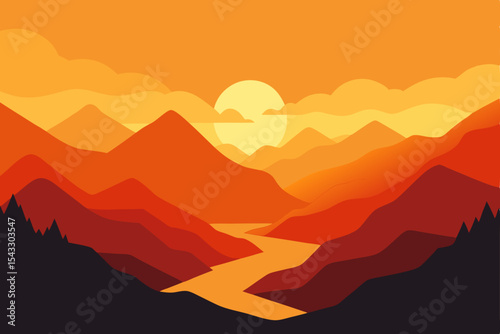 
Sunset mountain landscape with a lone man's silhouette against the misty, vibrant sky