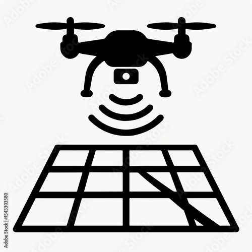 Black and White Icon of Drone Scanning a Grid Surface with Diagonal Line Representing Surveying Mapping or Inspection with Modern Technology and Aerial Perspective