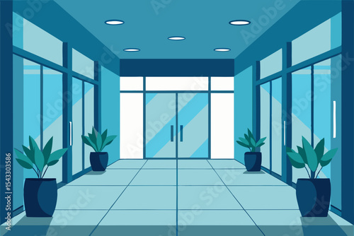 Bright, empty, and contemporary office interior with a large window offering a view of a modern building