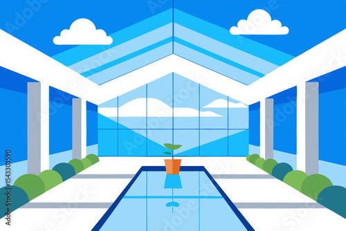 Luxury urban hotel with an empty swimming pool interior featuring modern glass architecture, offering a sky view from a high-rise office building design