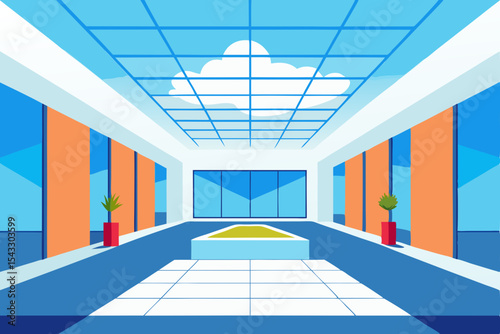 Bright light fills the empty, modern office corridor, showcasing its sleek architecture and reflective floor