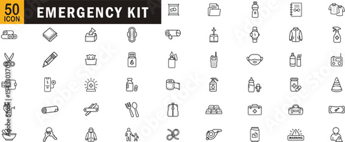 Emergency kit editable outline icon set. Survival, safety, medical, hygiene, supplies, disaster and more.