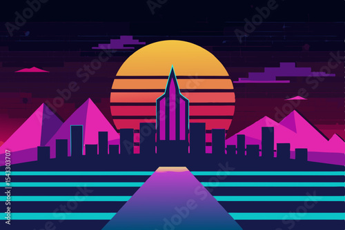 Modern urban skyline at night, a vibrant vector illustration of city skyscrapers and business buildings with a rising market graph arrow against the sky