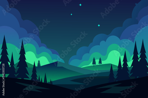 Moonlit night landscape with silhouetted trees and distant city lights