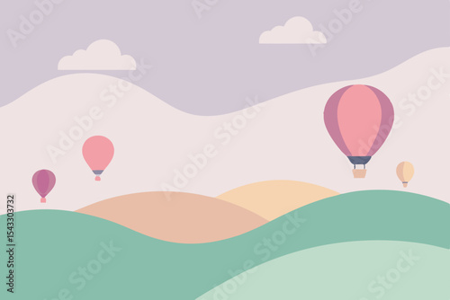 Vector illustration of a hot air balloon in a summer sky over a green meadow with mountains and clouds