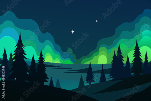 Dark winter forest landscape with a starry night sky and moonlit trees