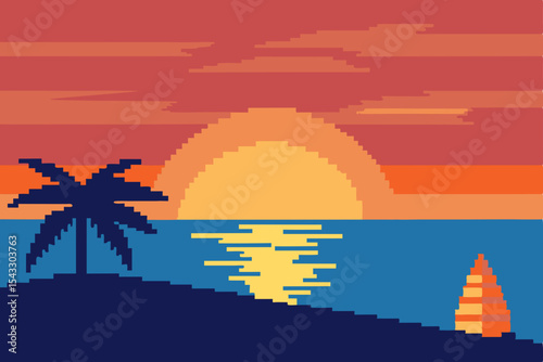Tropical island sunset with palm trees over the ocean