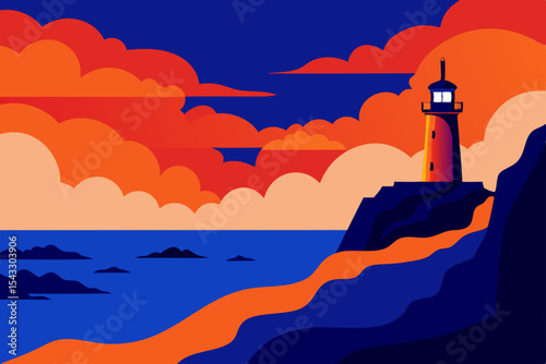 Sunrise over a coastal landscape with a lighthouse beacon on an island, surrounded by the ocean's summer waves and a clear sky