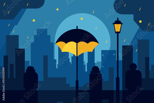 Vibrant cartoon illustration of a blue umbrella under drops of rain, with clouds in the autumn sky