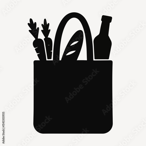 Black Silhouette Illustration of a Grocery Bag Filled with Fresh Produce a Loaf of Bread and a Bottle Isolated on a White Background for Easy