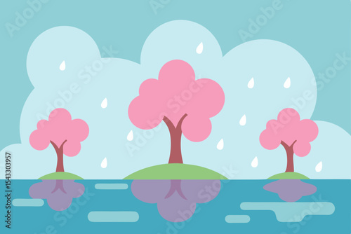 A cartoon spring tree with hearts stands in a vibrant summer meadow under a clear blue sky, illustrating the joyful season