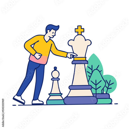 Chess enthusiast making a move on a giant chess piece in a playful setting
