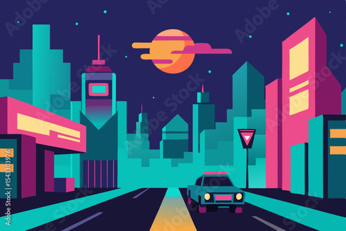 Night city street with urban skyline, buildings, and stars