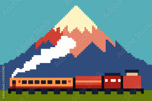 Illustrative vector icon of a steam train in a mountain forest, a symbol of country travel and home