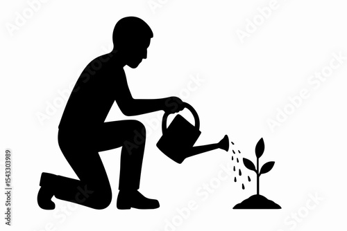 Silhouette of a Person Kneeling and Watering a Young Plant with a Watering Can Symbolizing Growth and Nurturing in Black and White silhouette