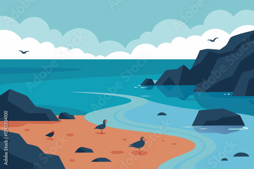 Tropical island paradise: sandy beach, clear blue ocean, and a vibrant sky with summer clouds
