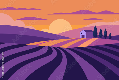 Mountain landscape at sunset with a desert road winding towards the horizon under an orange sky