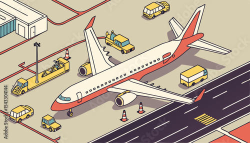 A bustling airport tarmac filled with diverse colorful airplanes undergoing maintenance, surrounded by various service vehicles.         