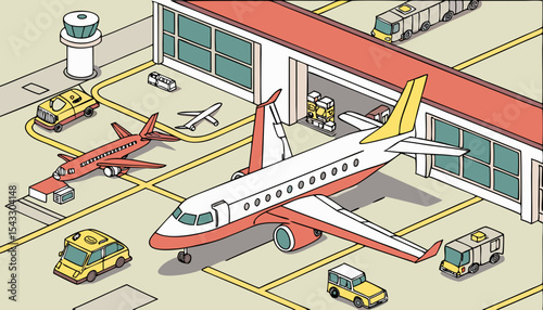 A bustling airport tarmac filled with diverse colorful airplanes undergoing maintenance, surrounded by various service vehicles.         