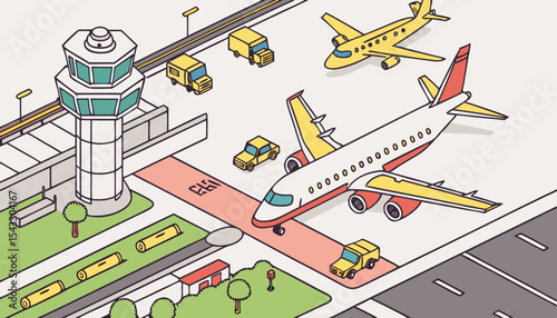 A bustling airport tarmac filled with diverse colorful airplanes undergoing maintenance, surrounded by various service vehicles.         