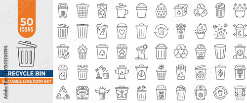 50 Recycle Bin & Trash Line Icons – Waste, Garbage, Rubbish, Dump Vector Set. Editable Stroke & Fully Customizable