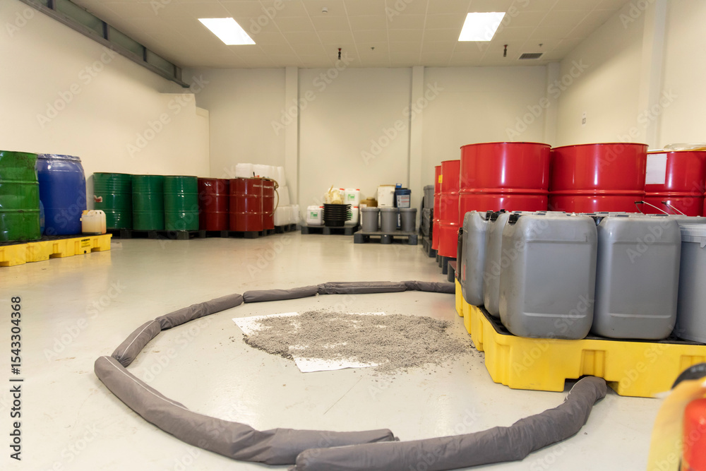 Ταπετσαρία Spill containment barrier surrounding large oil spill with chemical storage drum