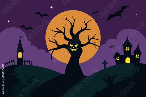 Spooky Halloween night with a haunted house and castle silhouette, bats, and a pumpkin under a dark, moonlit sky – a perfect horror holiday illustration