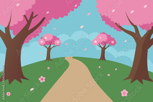 Blooming pink spring tree in a vibrant park landscape