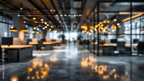 Abstract blurred modern office interior in morning light professional business presentation background of a contemporary workplace environment.