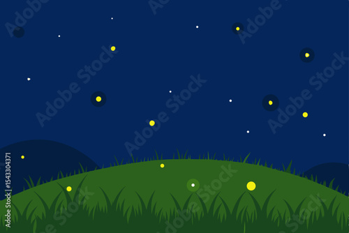Moonlit night sky with stars over a dark landscape featuring a lone tree, a beautiful vector illustration