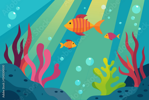 Cartoon tropical fish swimming in an aquarium, vector illustration of underwater sea life