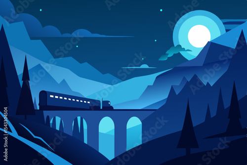 Moon and mountains night landscape with a house silhouette under a starry sky
