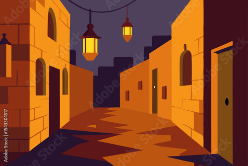 Narrow, ancient cobblestone streets in an old European town at night, showcasing historical architecture and stone buildings