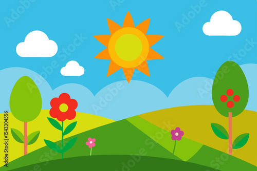 Sunny summer and spring landscape with colorful flowers, green grass, and a bright sky with clouds