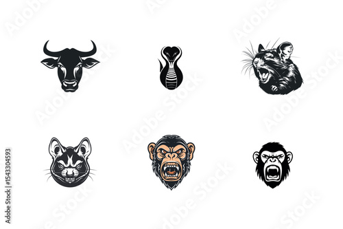 Six animal head silhouettes bull snake rat chimpanzee