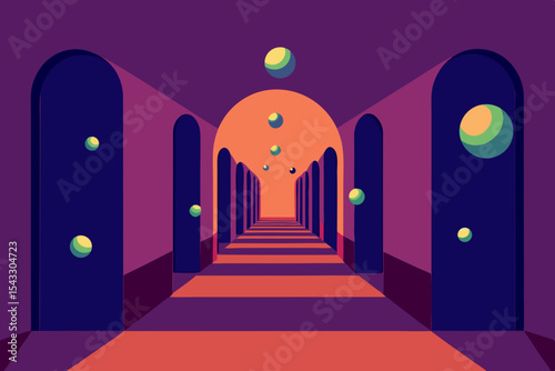 Night in the city with lanterns illuminating an ancient European stone corridor with arches and columns
